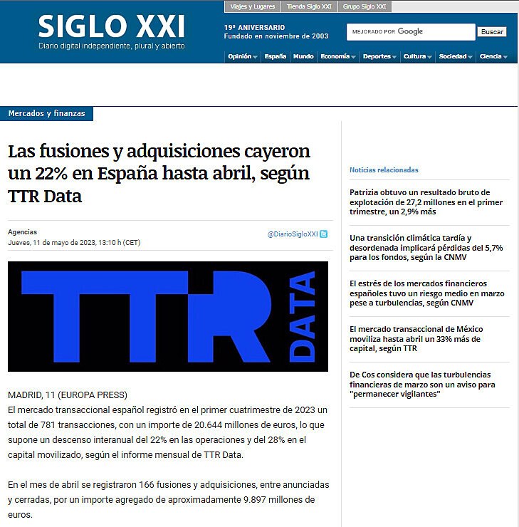Las fusiones y adquisiciones cayeron un 22% en Espaa hasta abril, segn TTR Data